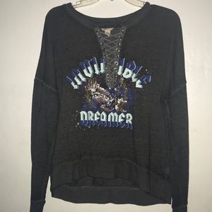 gray sweatshirt with crossed rope neck